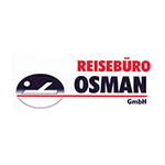 Osman Reisebüro im Wollhaus in Heilbronn - Finden und buchen Sie Ihre Reise! Das Logo von Osman Reisebüro befindet sich auf weißem Grund mit roter und schwarzer Schrift. links im Logo befindet sich ein Flugzeug.