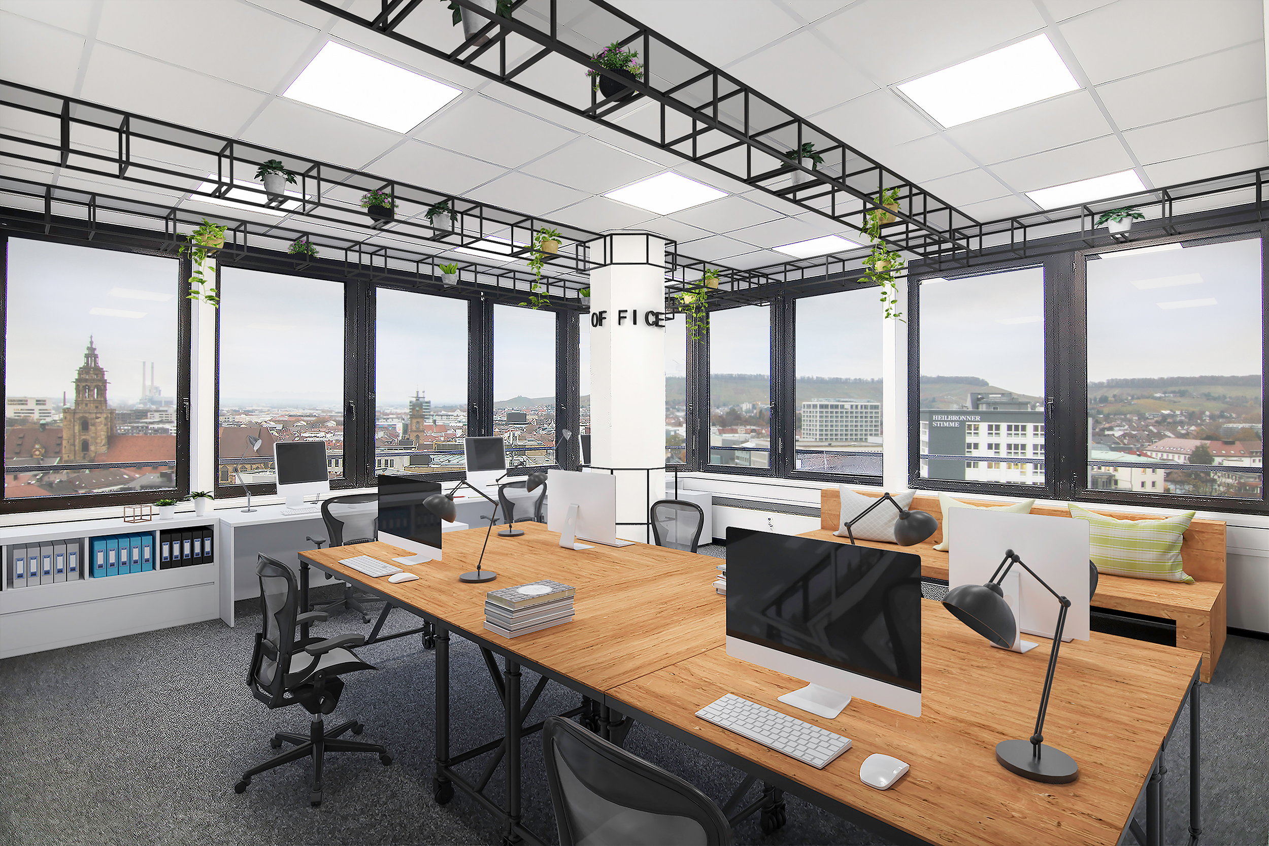 Gewerbe- oder Bürofläche im Wollhaus mieten: Das Bild zeigt eine mögliche Nutzung der Büroflächen im Turm
